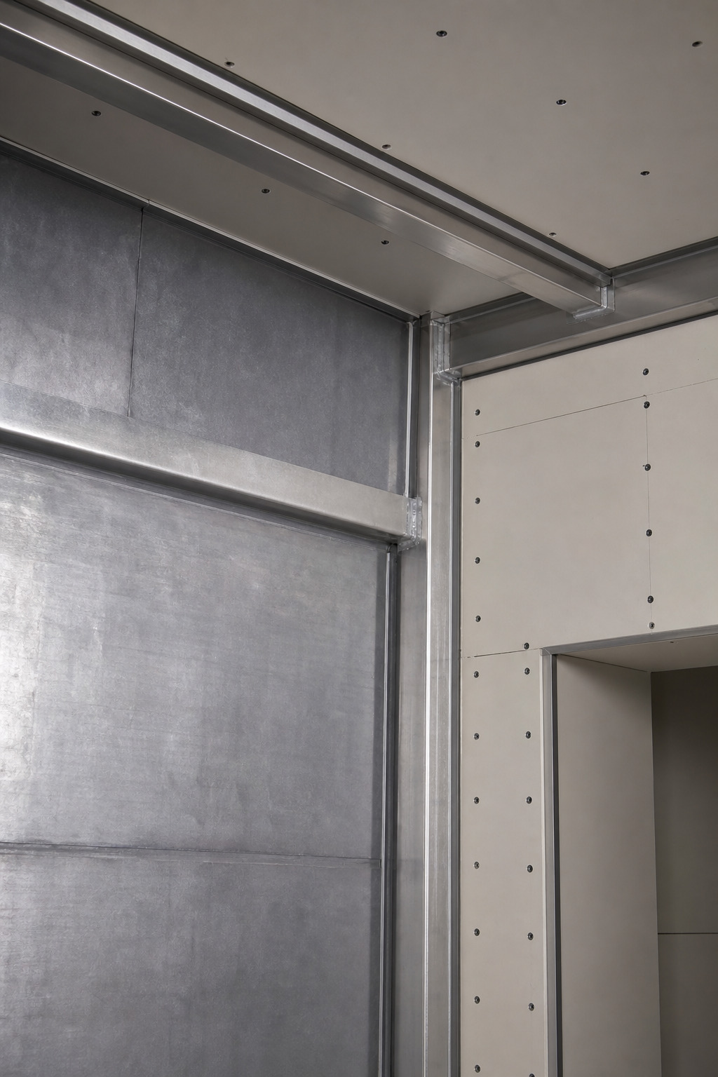 Profile metalice si trasee tehnice montate intr-un plafon medical